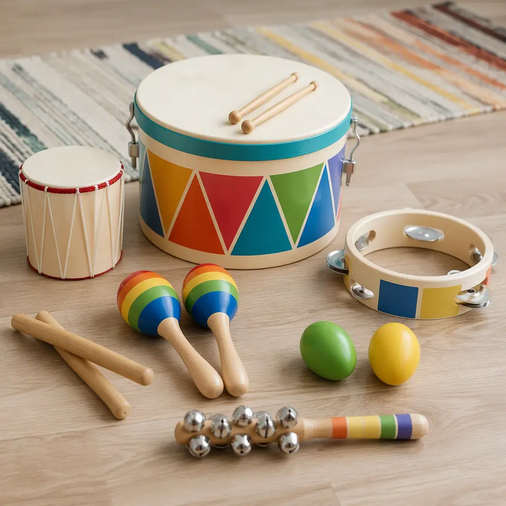 Colorful beginner percussion instrument set for toddlers arranged on a wooden floor