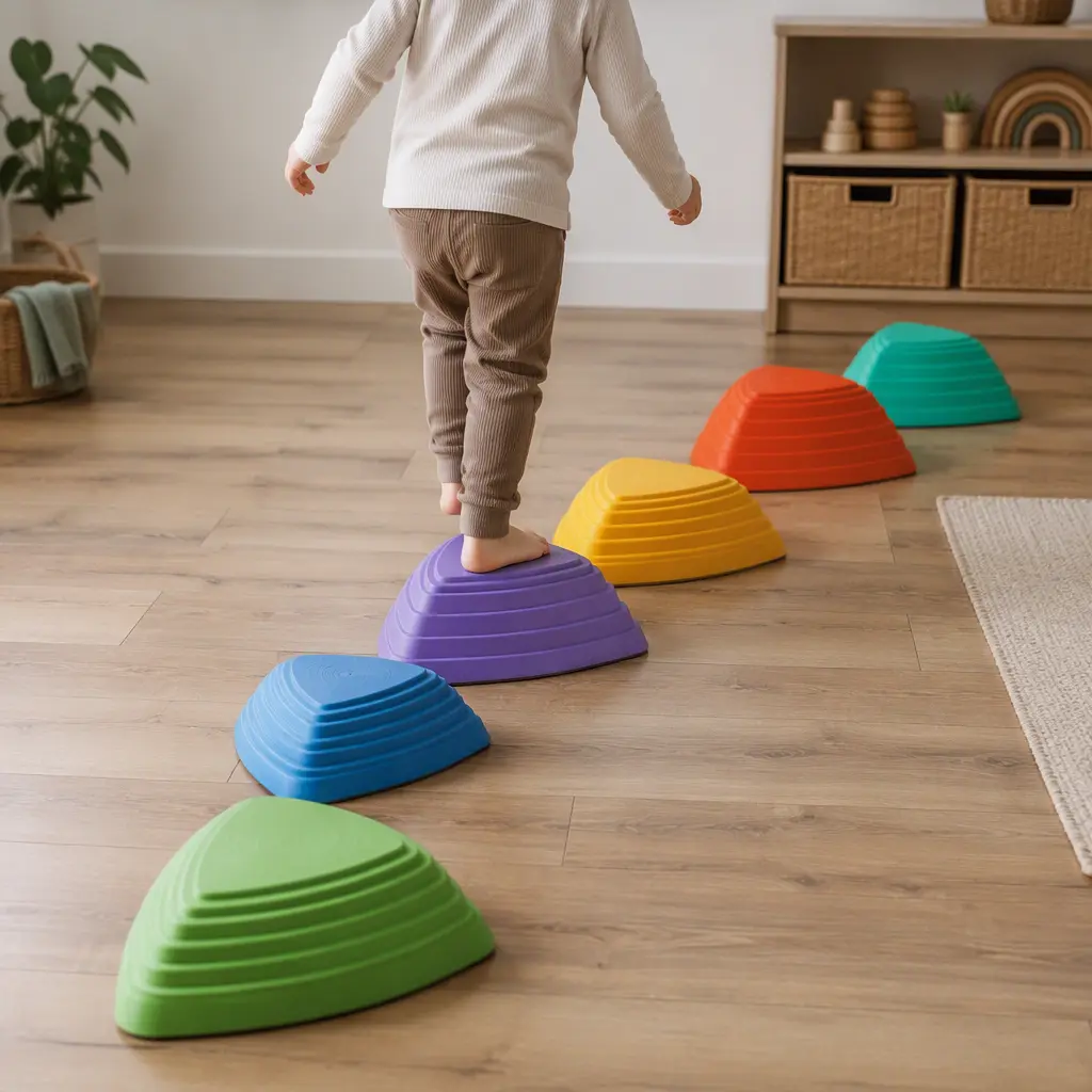 Indoor obstacle course made from colorful balance stepping stones