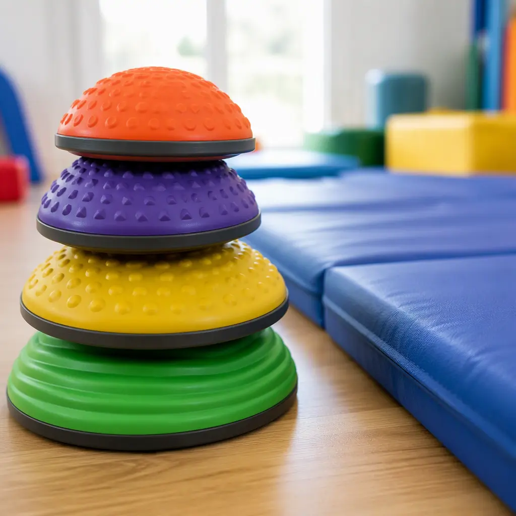 Stacked balance stepping stones in an indoor activity space
