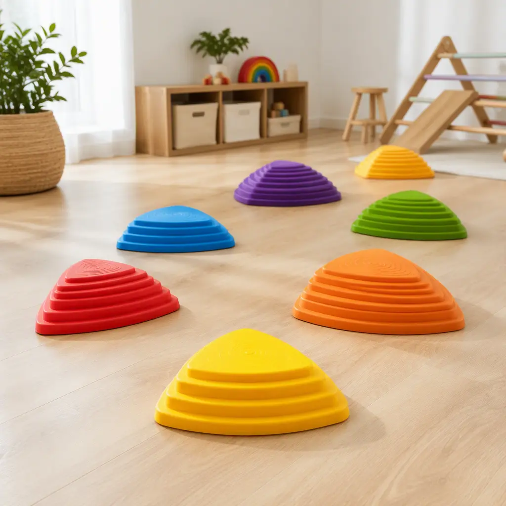 Colorful balance stepping stones arranged on a wooden floor for indoor active play