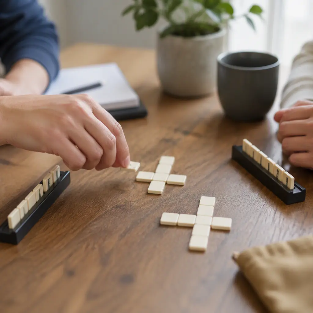 Two-player word tile game in progress on a small table