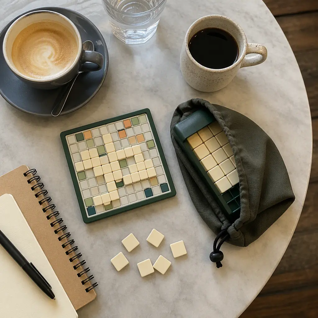 Compact word game packed for travel on a café table