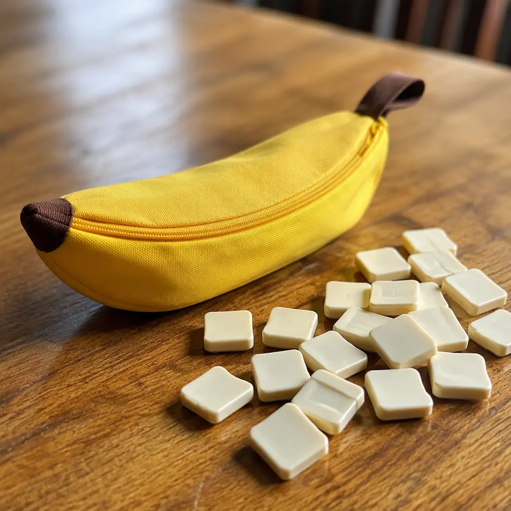 Portable word game tiles spilled from a banana-shaped pouch on a tabletop