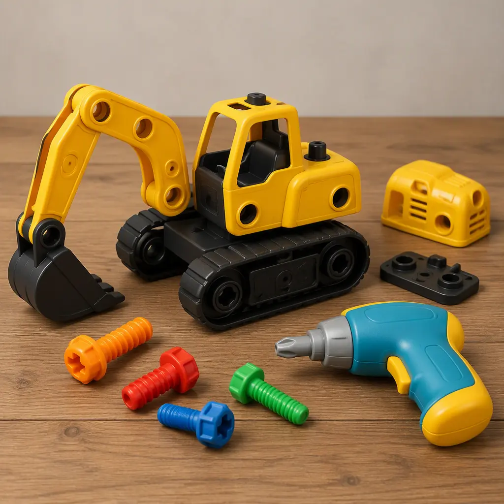 Partially disassembled toy excavator with large plastic bolts and a child-safe drill