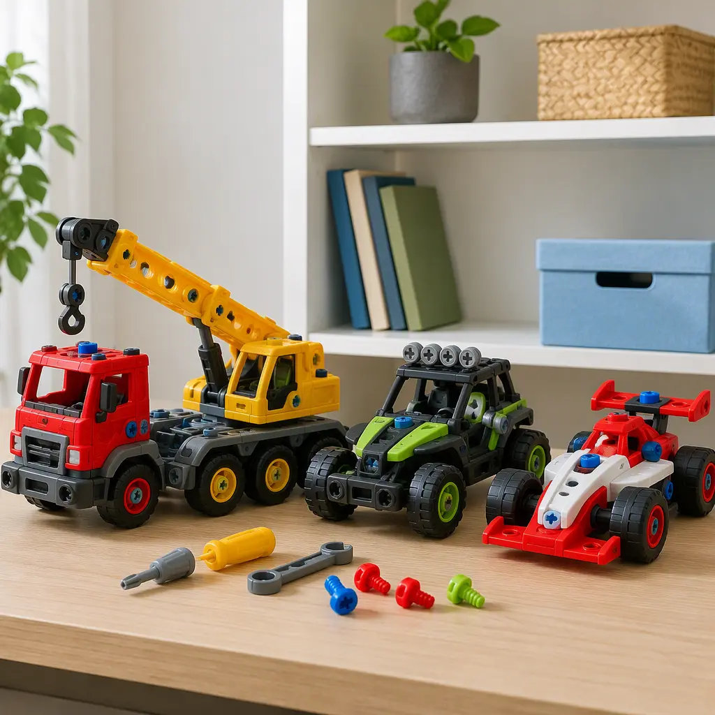 Assembled rebuildable toy vehicles displayed on a shelf