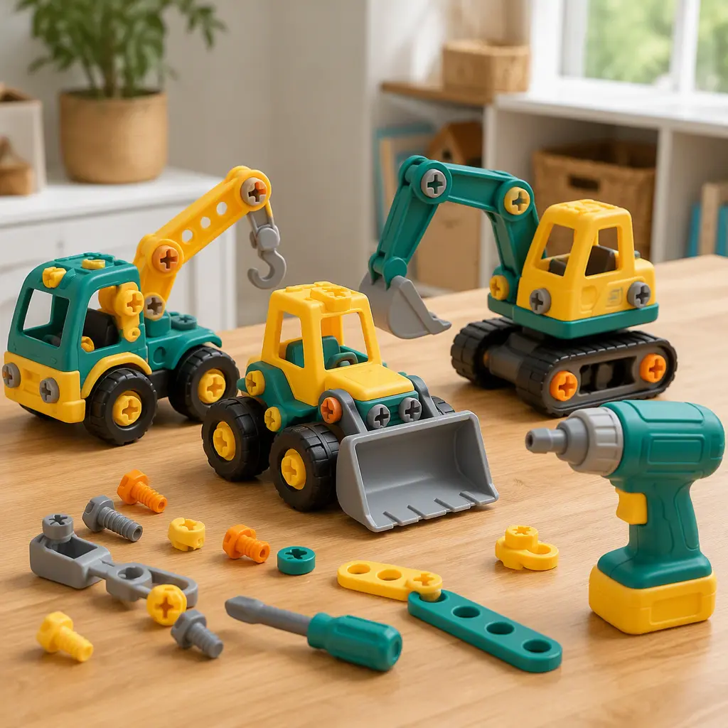 Colorful rebuildable toy vehicles with chunky screws and a child-safe toy drill on a playroom table
