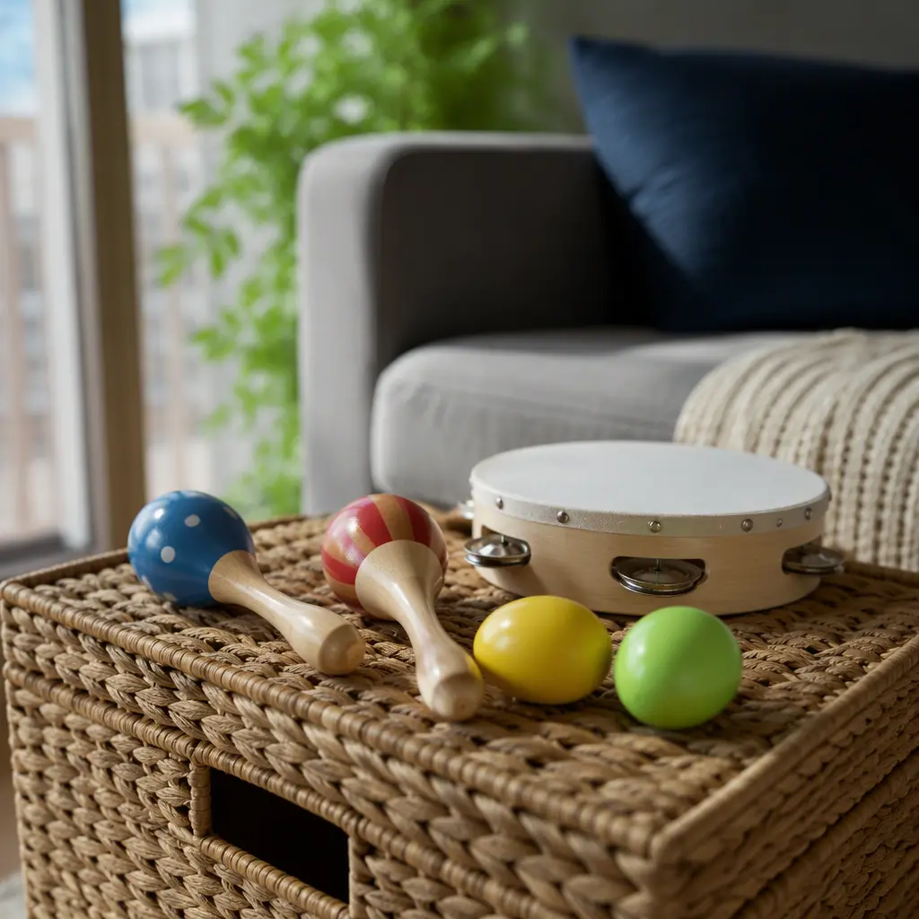 Wooden toddler rhythm toys stored neatly in a living room
