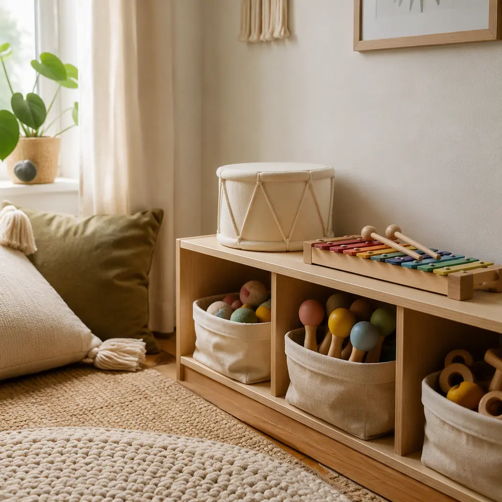 Quiet toddler music corner with soft percussion toys and organized storage