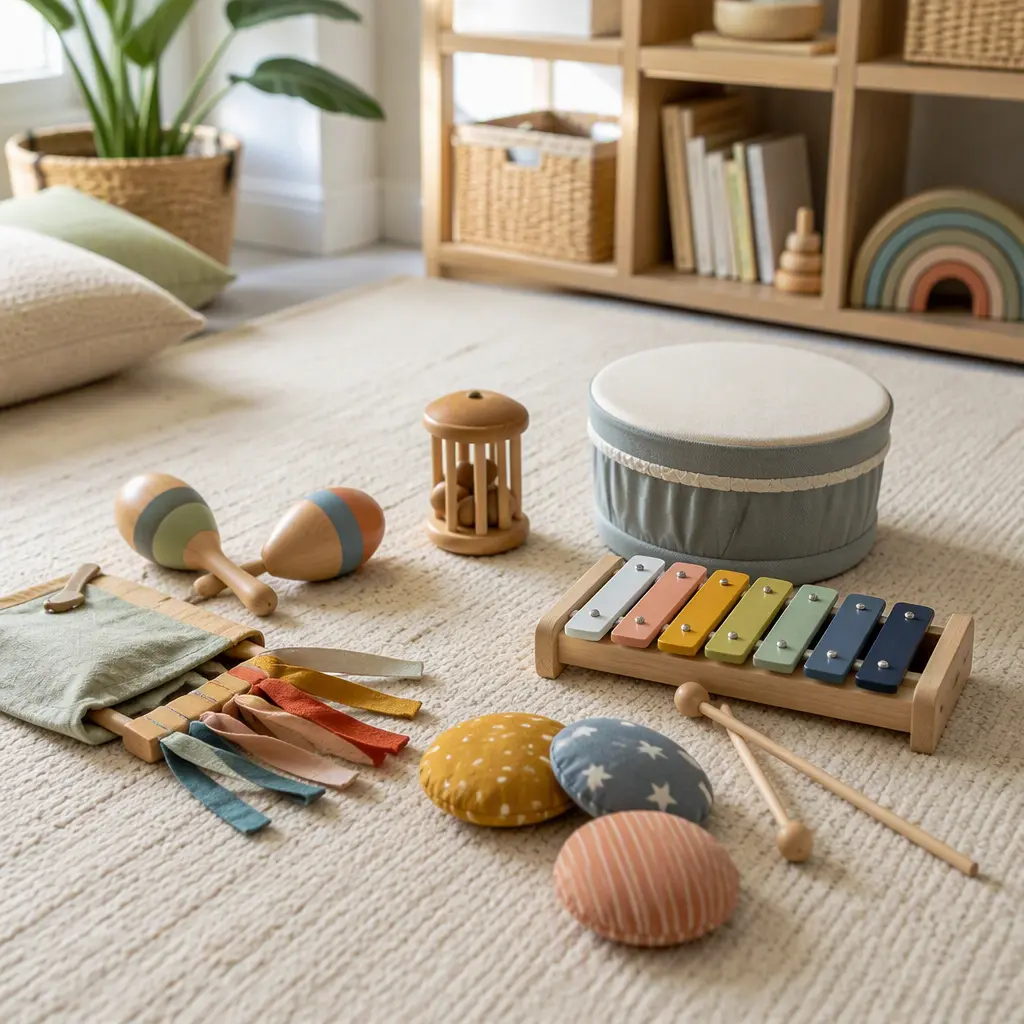 Battery-free toddler music toys in a calm playroom with soft natural light