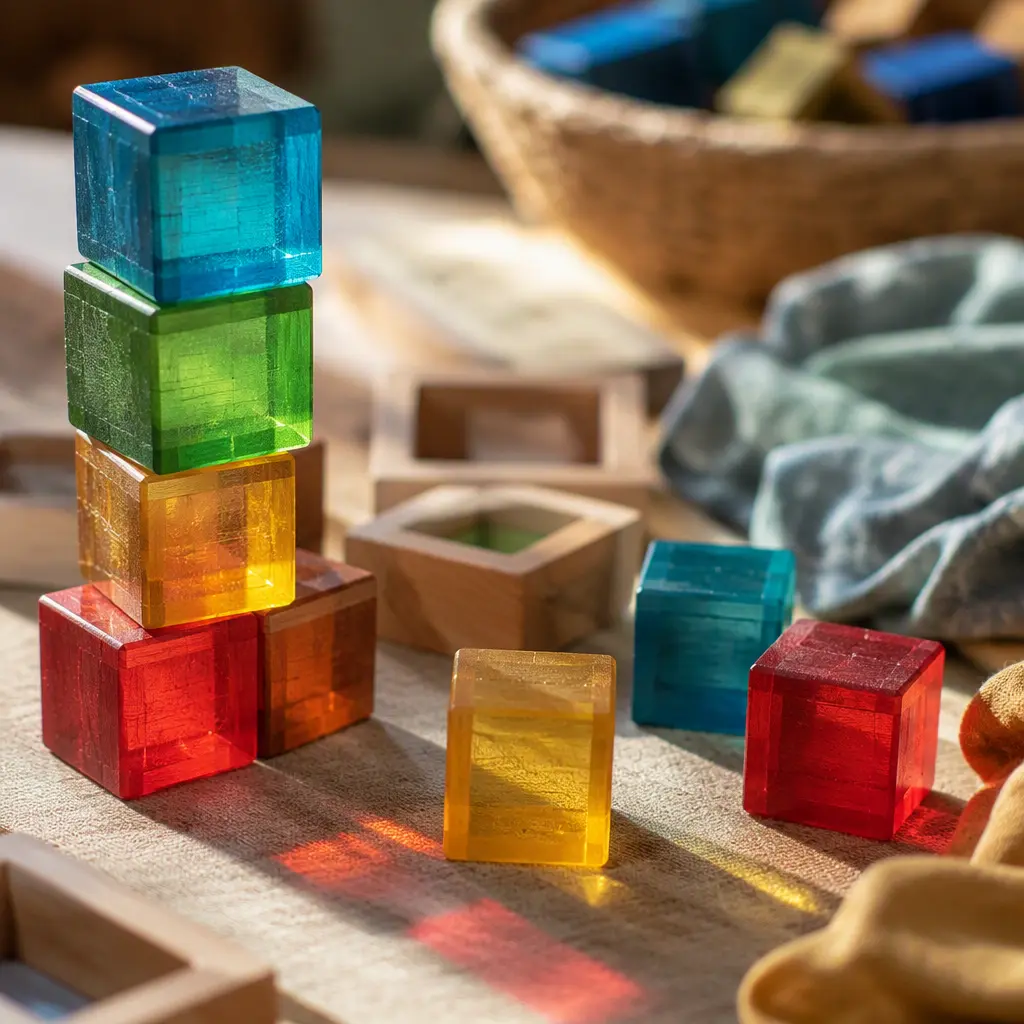Stacked wooden cubes casting colorful light reflections on a play surface