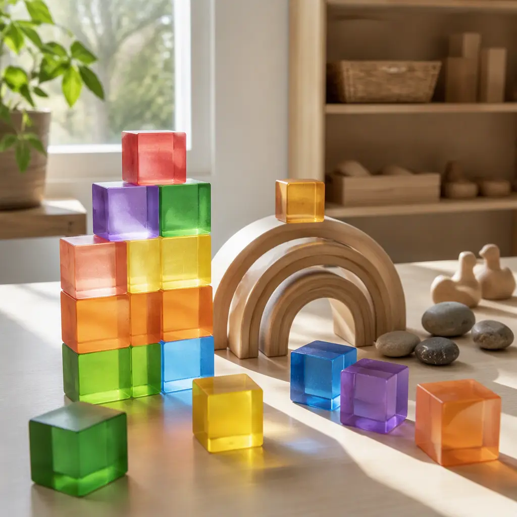 Translucent wooden cubes glowing on a light table beside other open-ended play materials