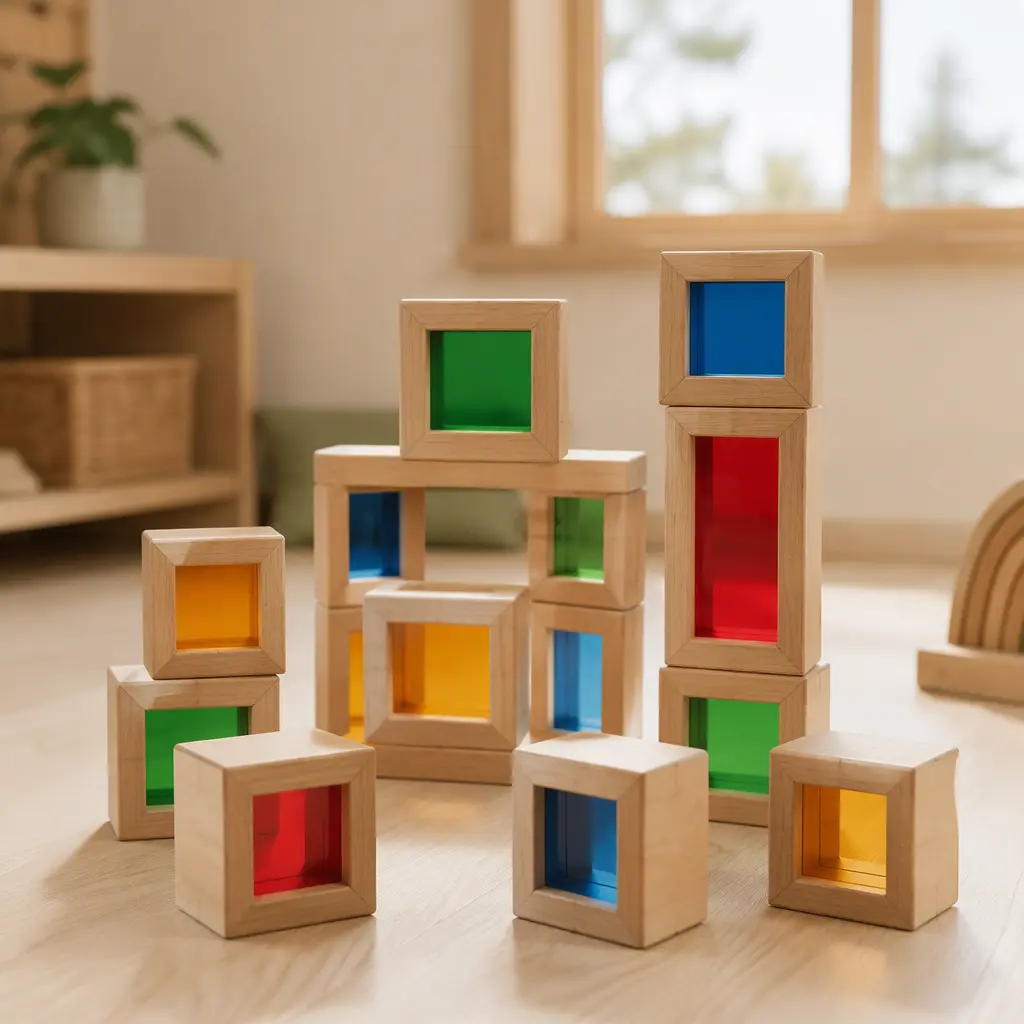 Wooden cubes with colorful translucent centers arranged in a modern playroom setting