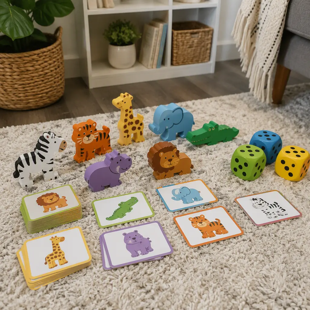 Preschool board game pieces and matching cards on a rug