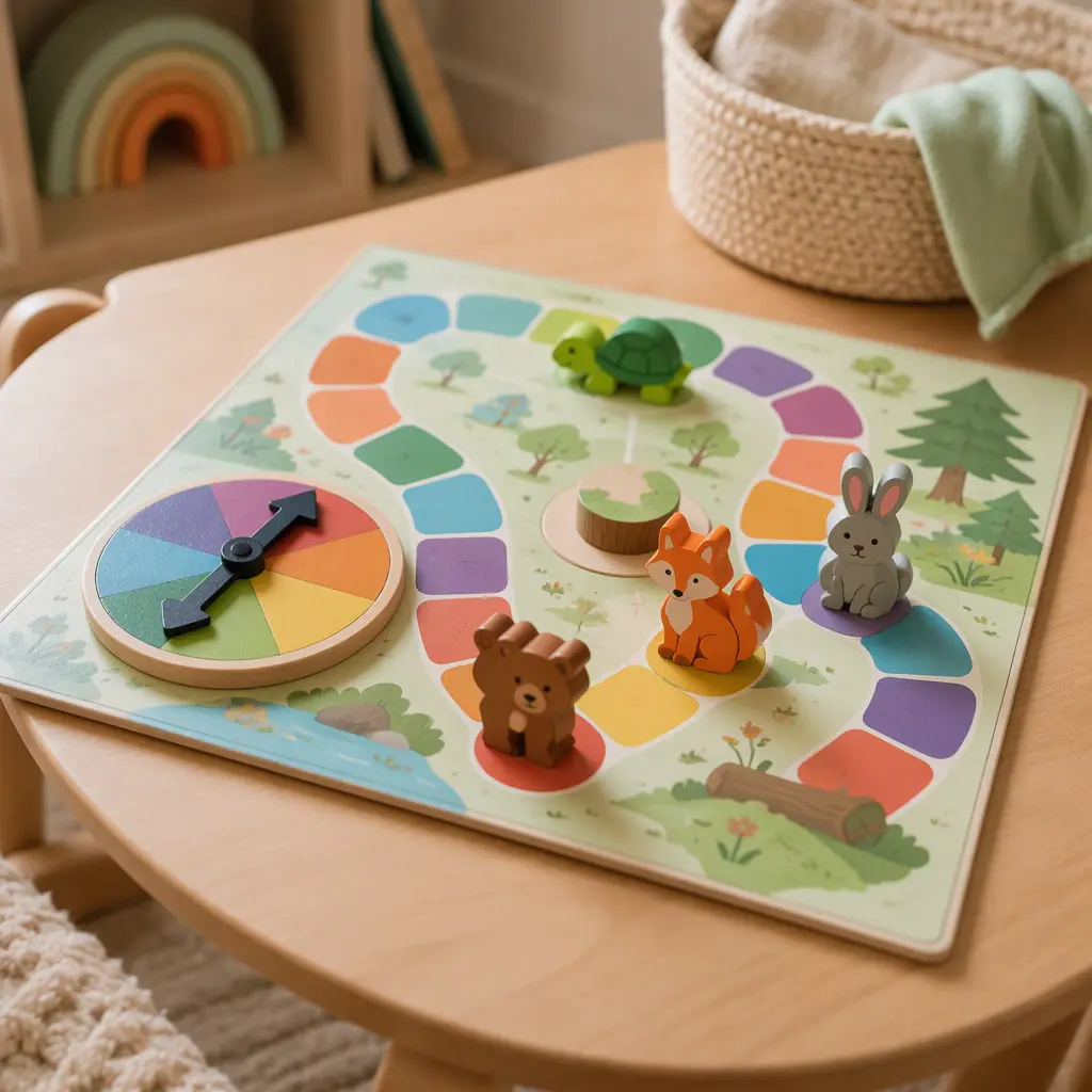 Simple cooperative preschool board game with colorful pieces