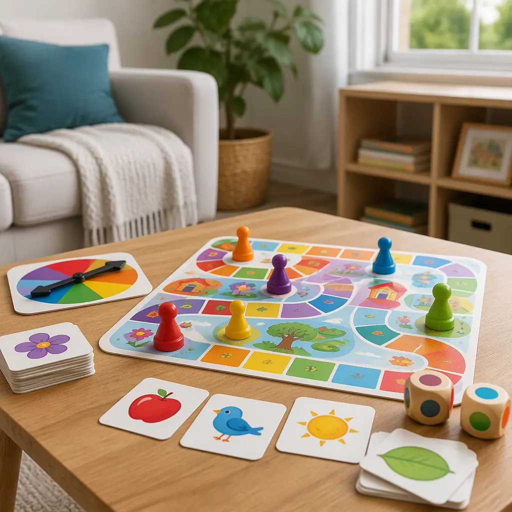 Colorful beginner board games arranged on a small table for preschool children