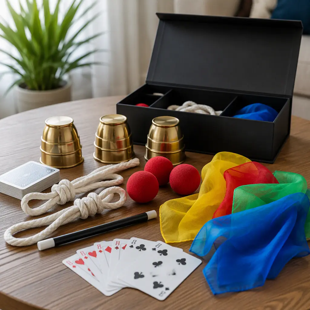 Reusable magic props for children arranged neatly beside a storage box