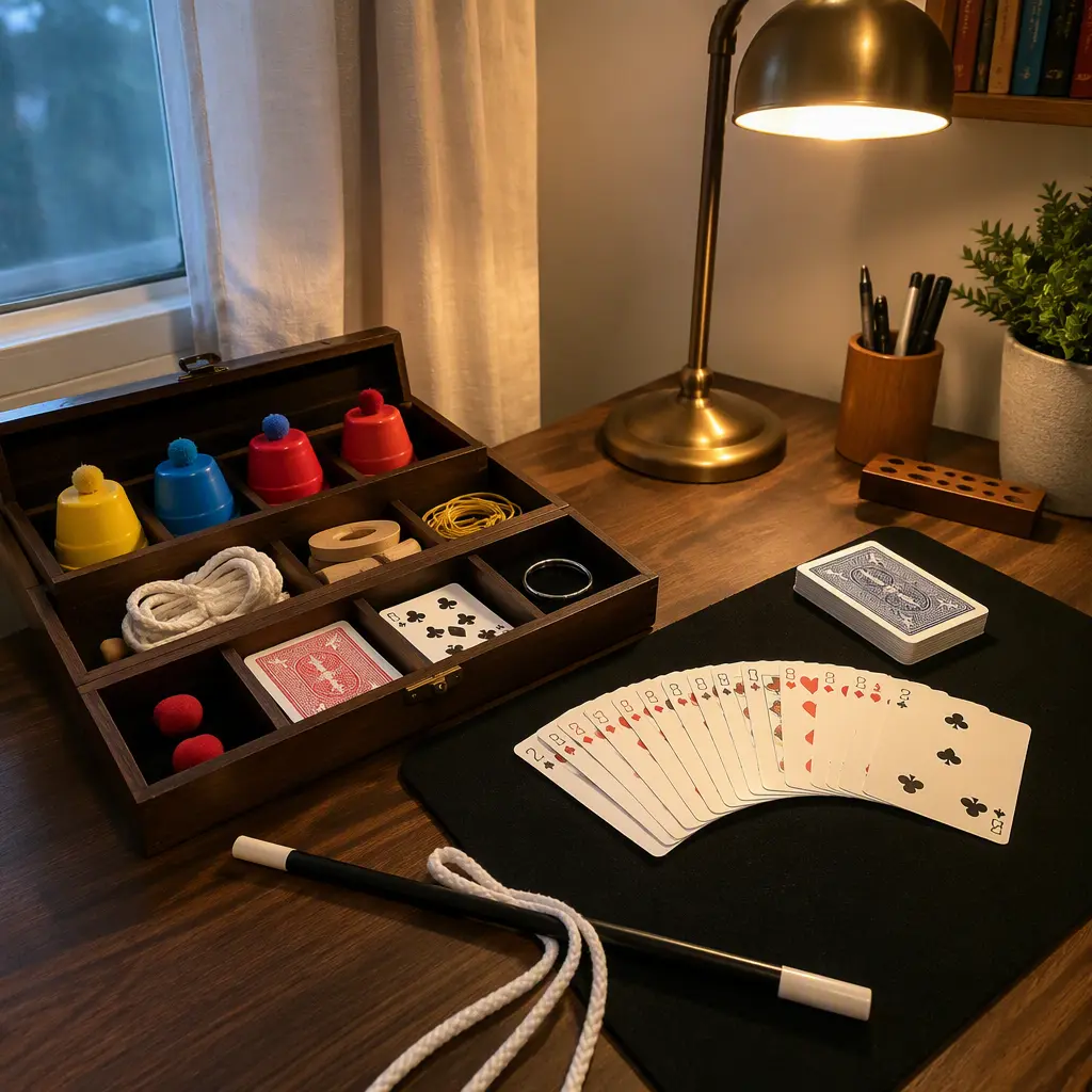 Organised beginner magic practice area with reusable props and storage compartments