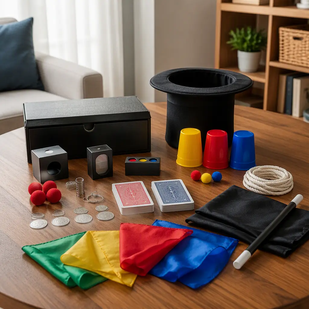 Reusable beginner magic props arranged on a wooden table in soft natural light