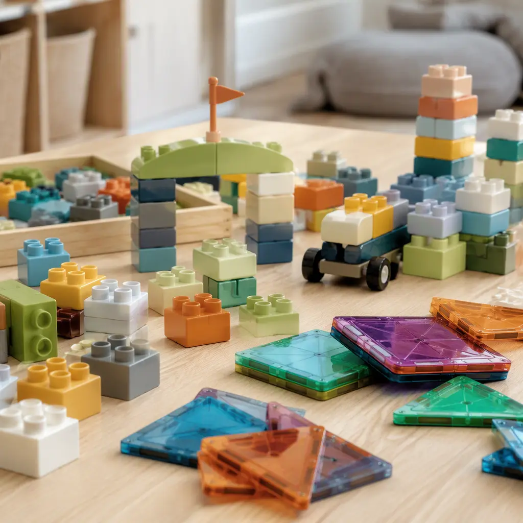 Large easy-connect construction pieces and magnetic tiles on a table