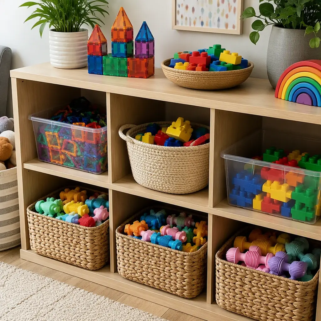 Organized storage shelf with accessible building toys