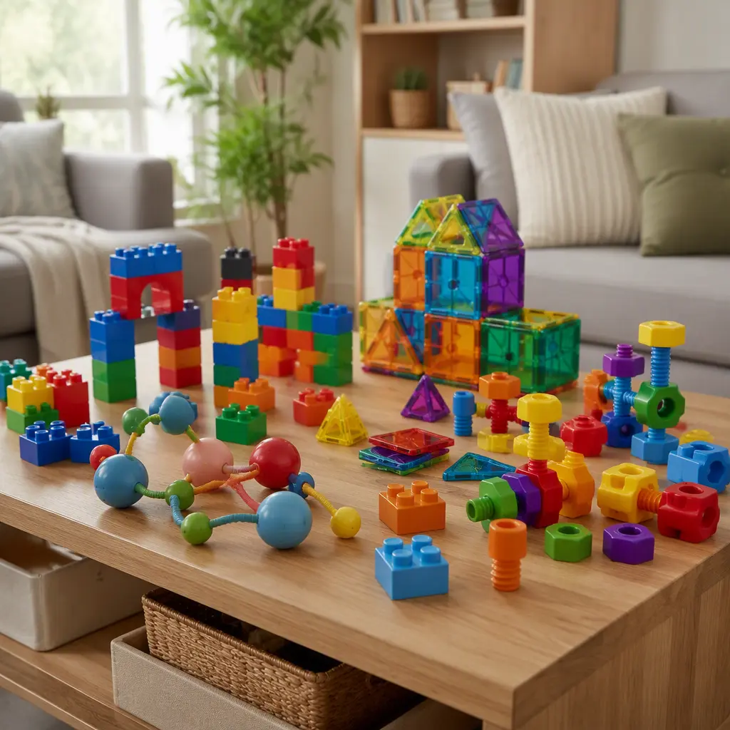 Accessible building toys with large easy-grip pieces arranged on a play table