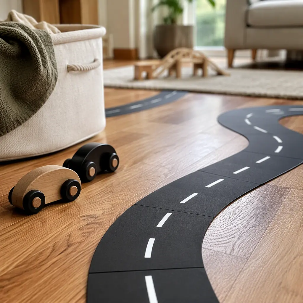 Close-up of removable road tape on a hardwood floor beside toy cars