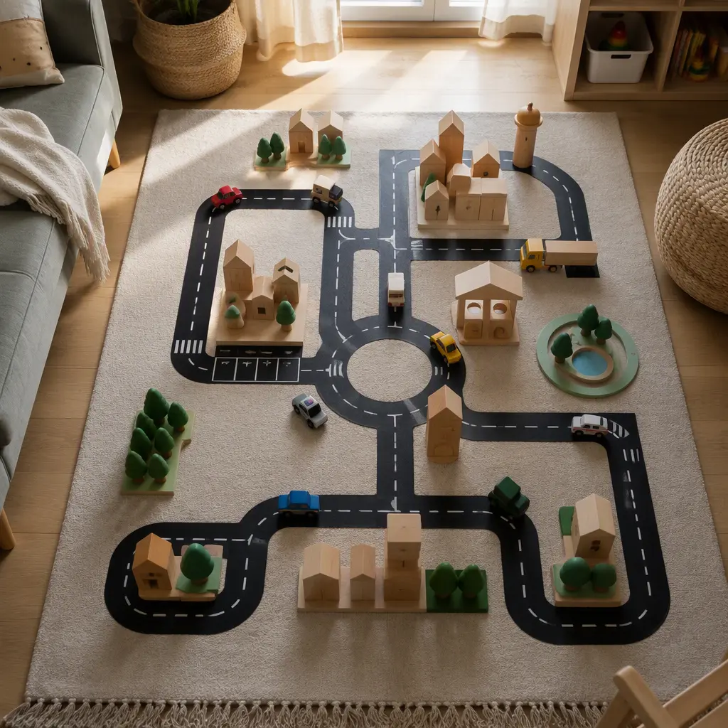 Compact road tape city layout with toy cars and blocks on a rug