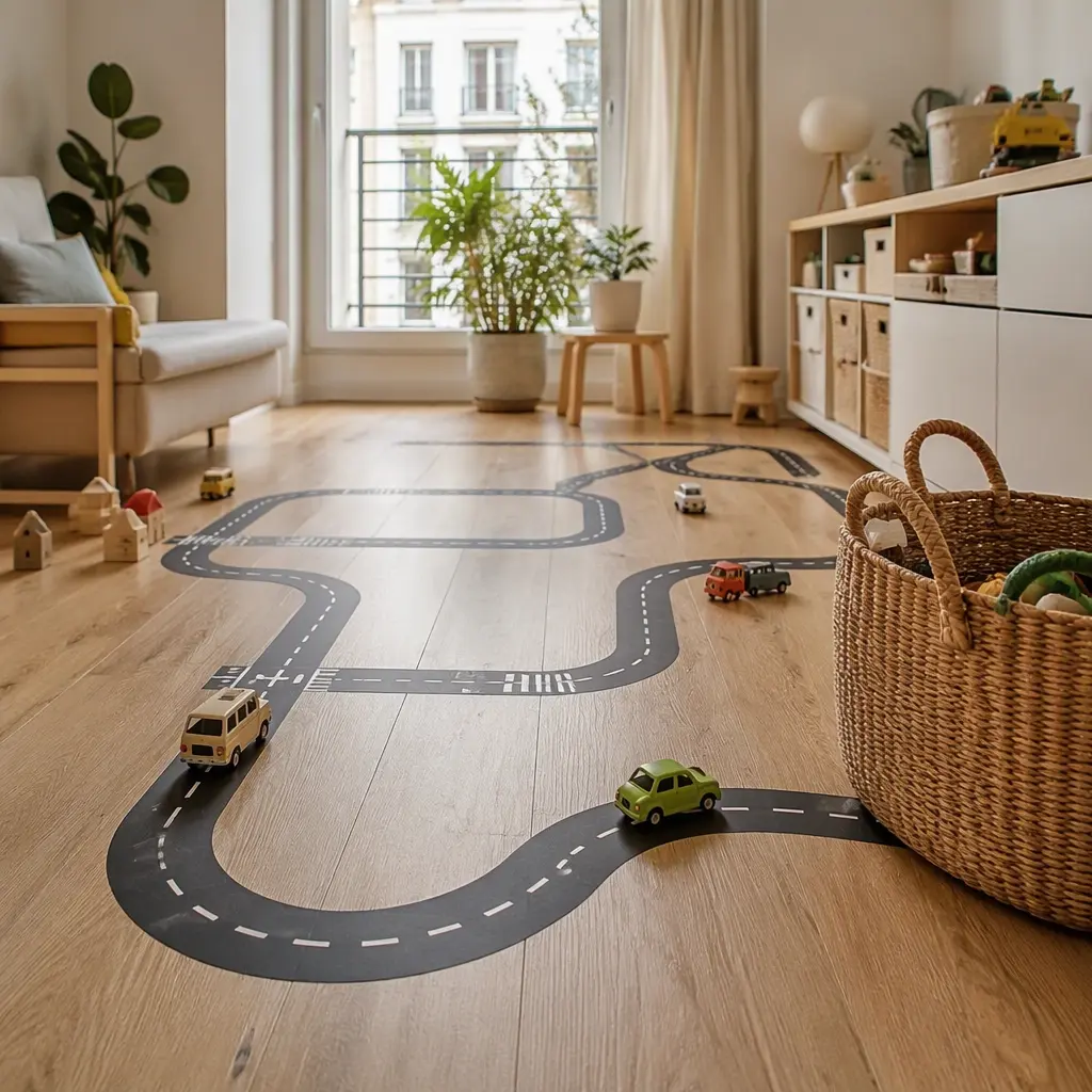 Removable road tape arranged on a wooden floor with toy cars in a small living room