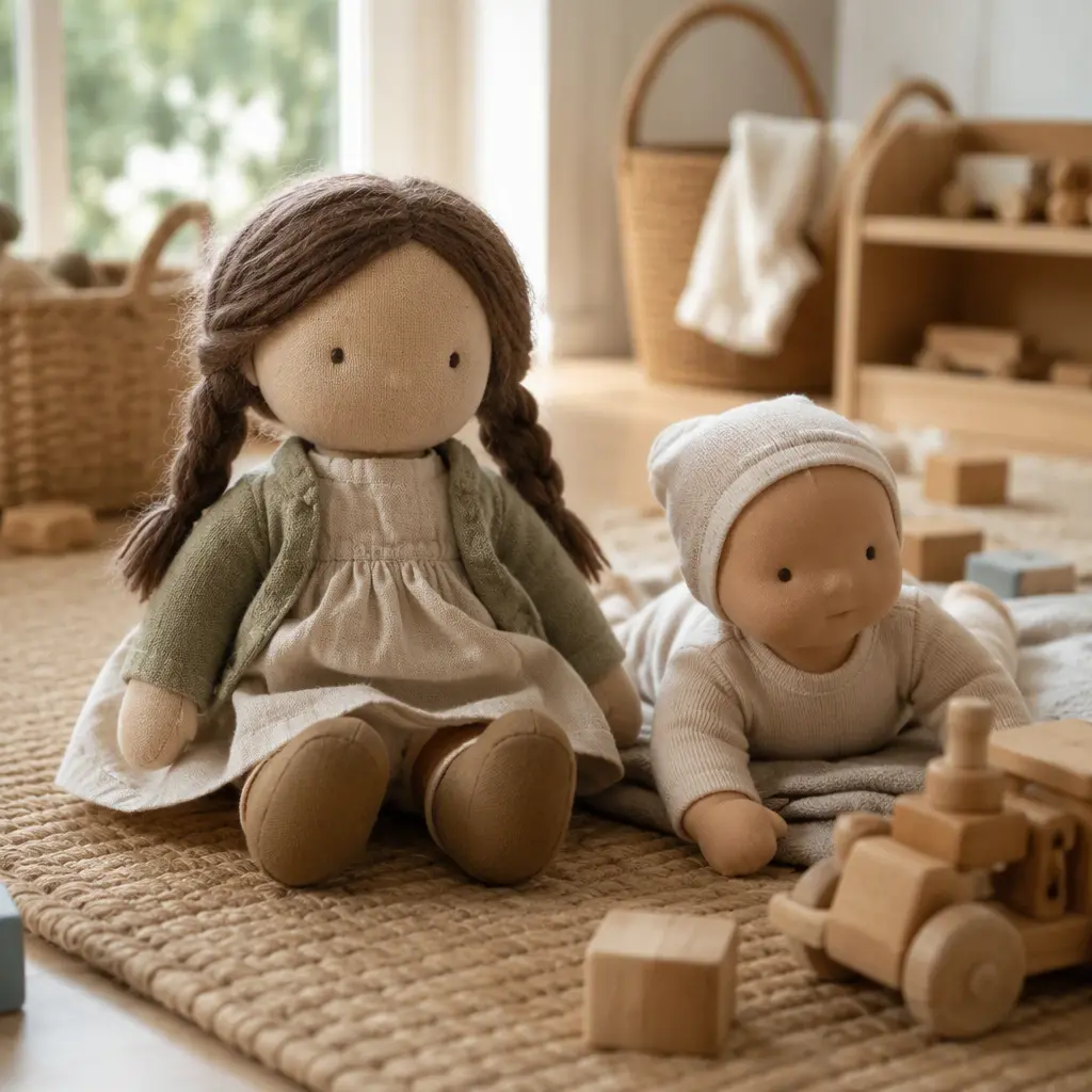 Fabric and soft-body dolls placed on a rug in a quiet play space