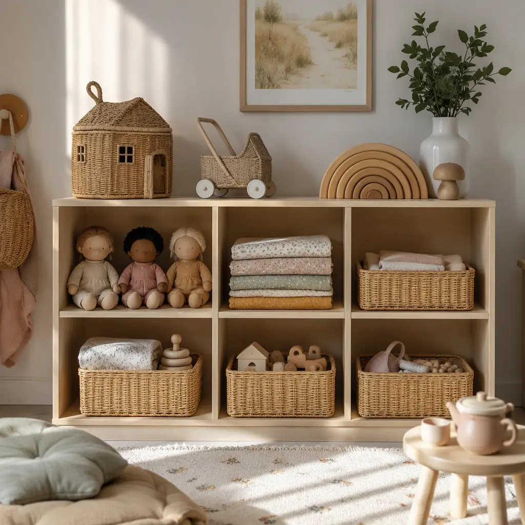 Organized shelf of quiet dolls and simple pretend-play accessories