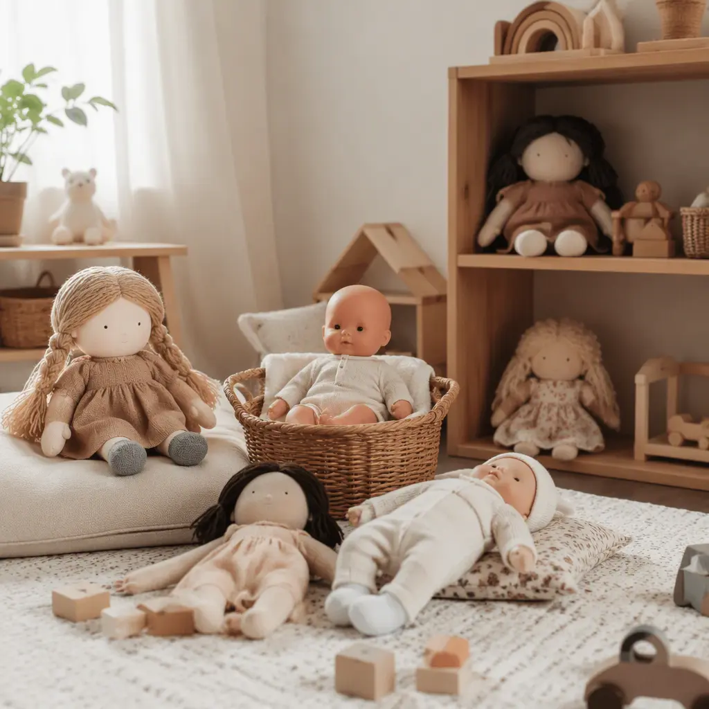 Quiet non-talking dolls arranged in a calm playroom with soft natural light