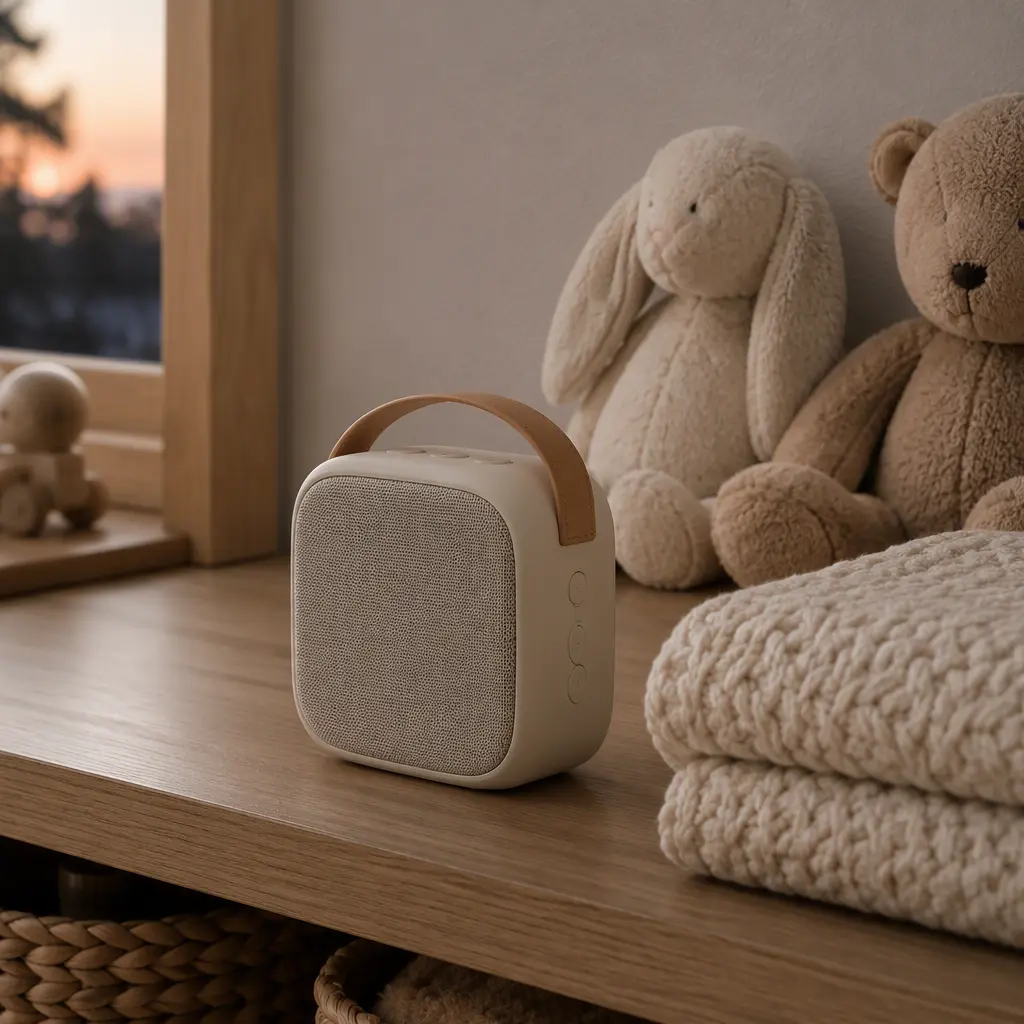 Compact children's audio speaker in a cozy bedroom setting