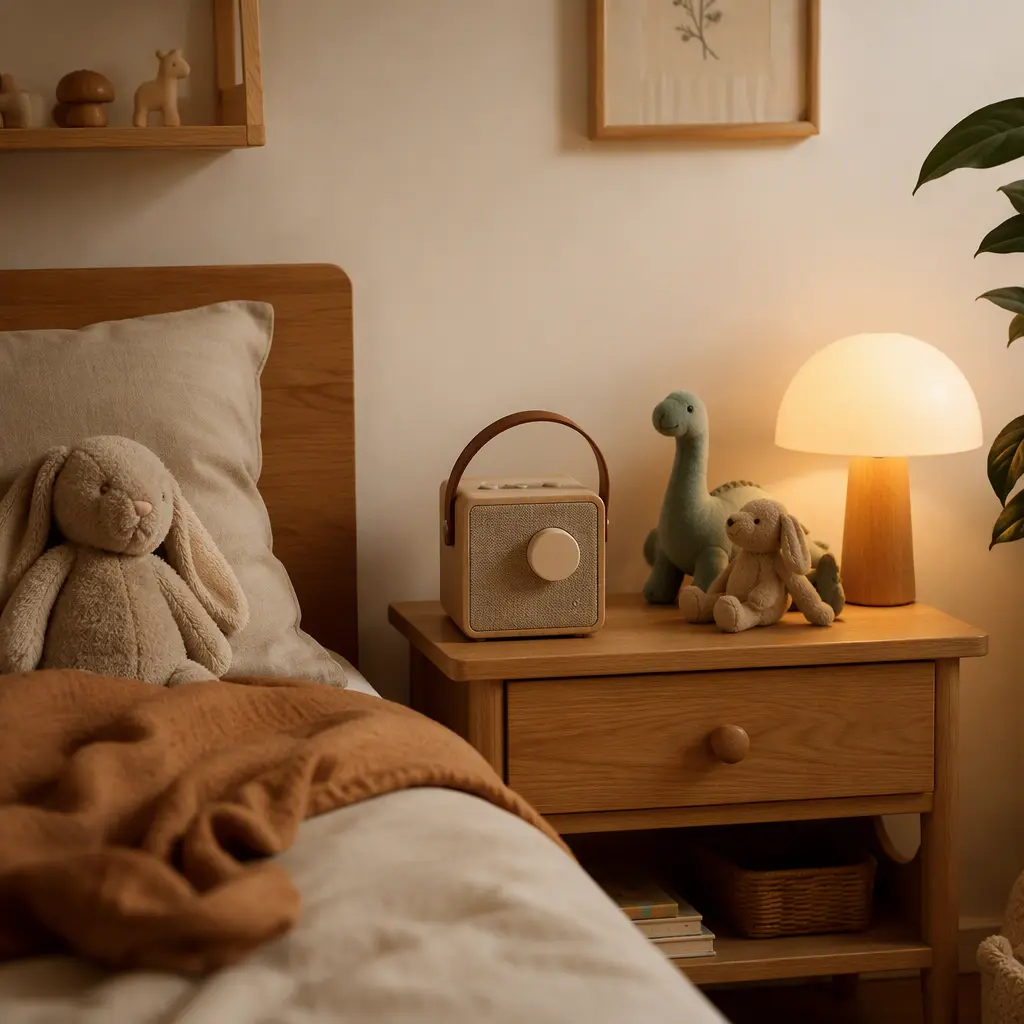 Minimal preschool bedroom with a calm screen-free audio setup