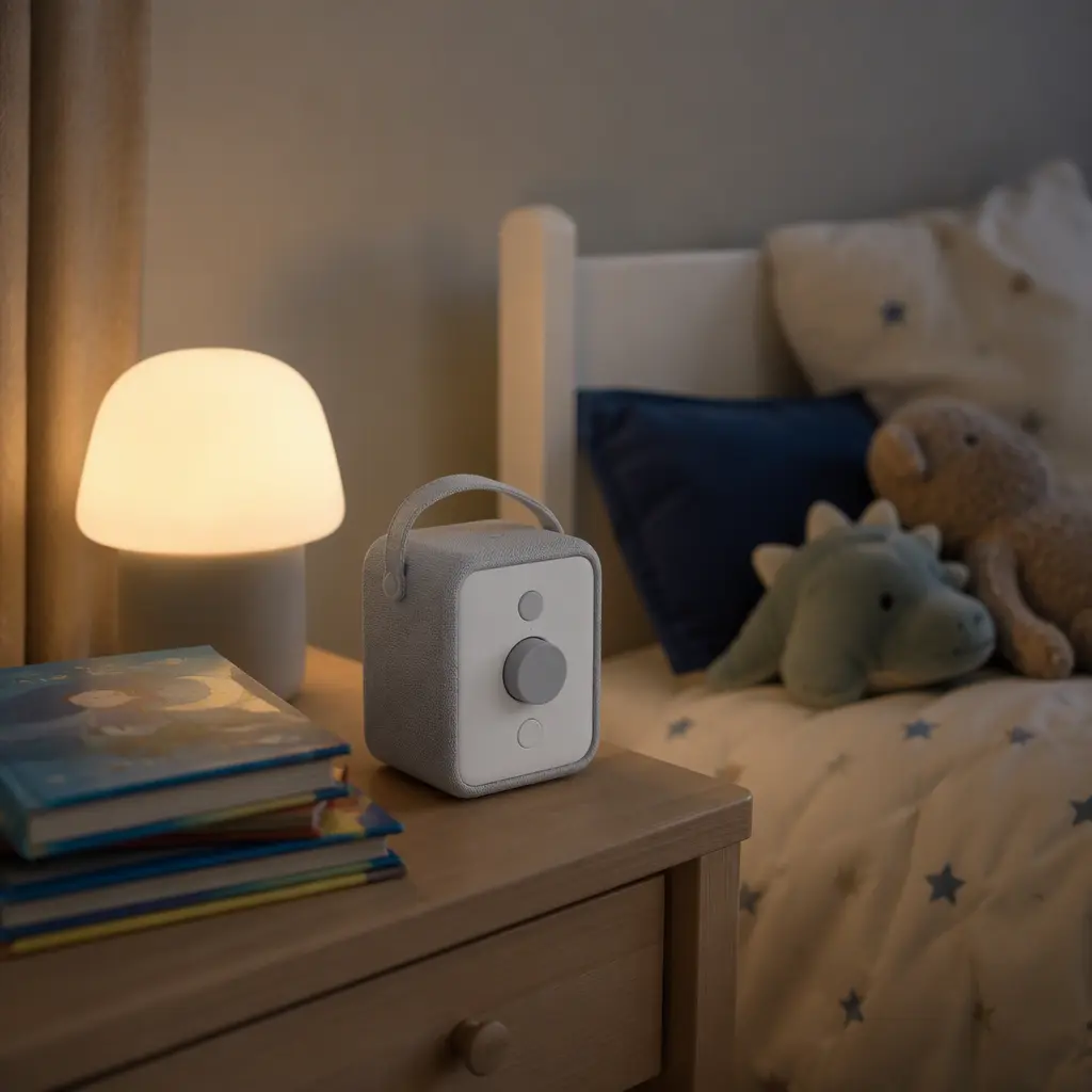 Screen-free audio player on a bedside table in a calm preschool bedroom
