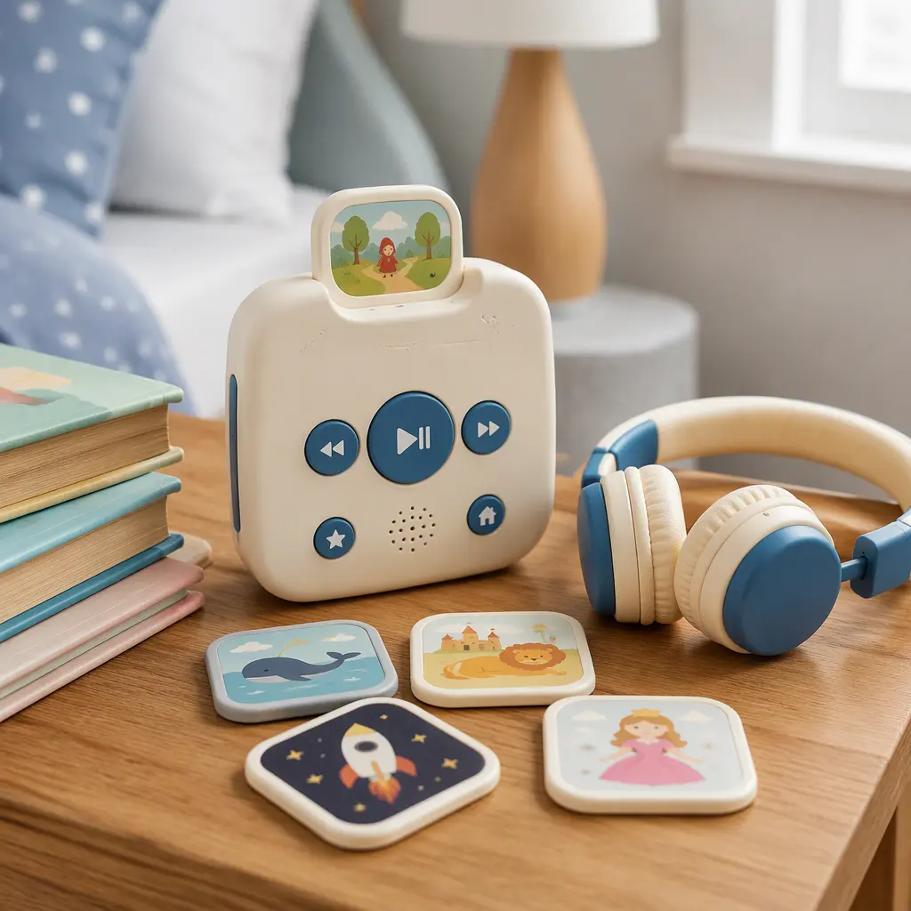 Offline audio player with headphones and story accessories on a bedside table