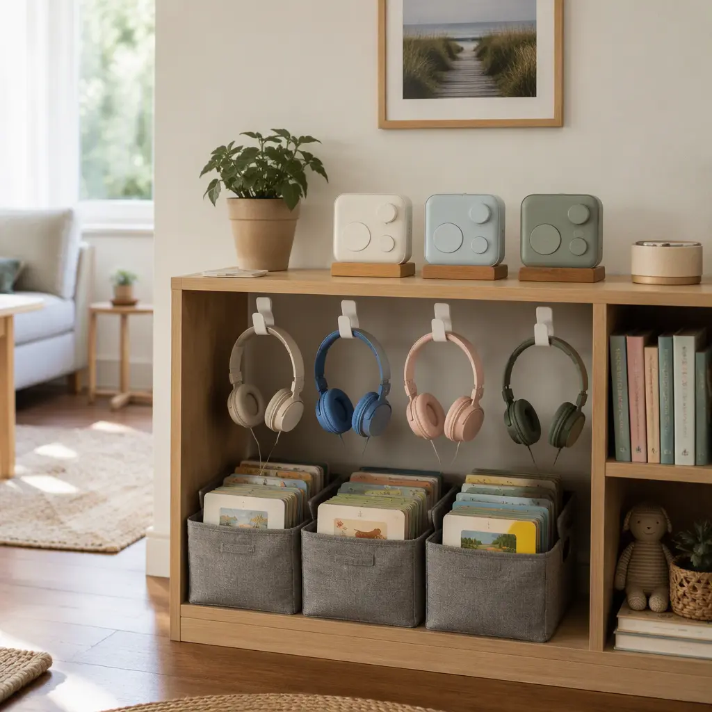 Organized storage area for children's offline audio toys and headphones