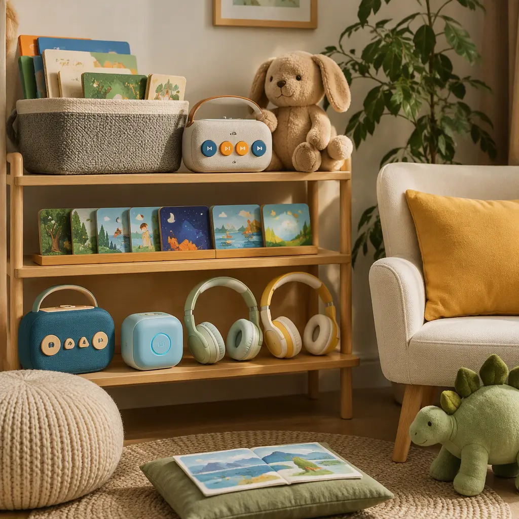 Offline audio toys and children's headphones arranged in a cozy reading corner