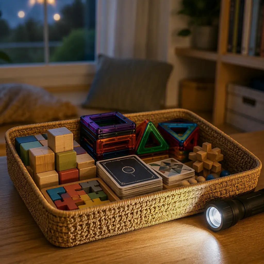 Compact offline toys stored in a basket beside a flashlight