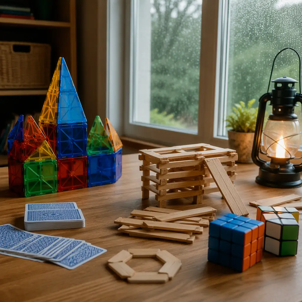 Offline building toys and games arranged on a tabletop during rainy weather