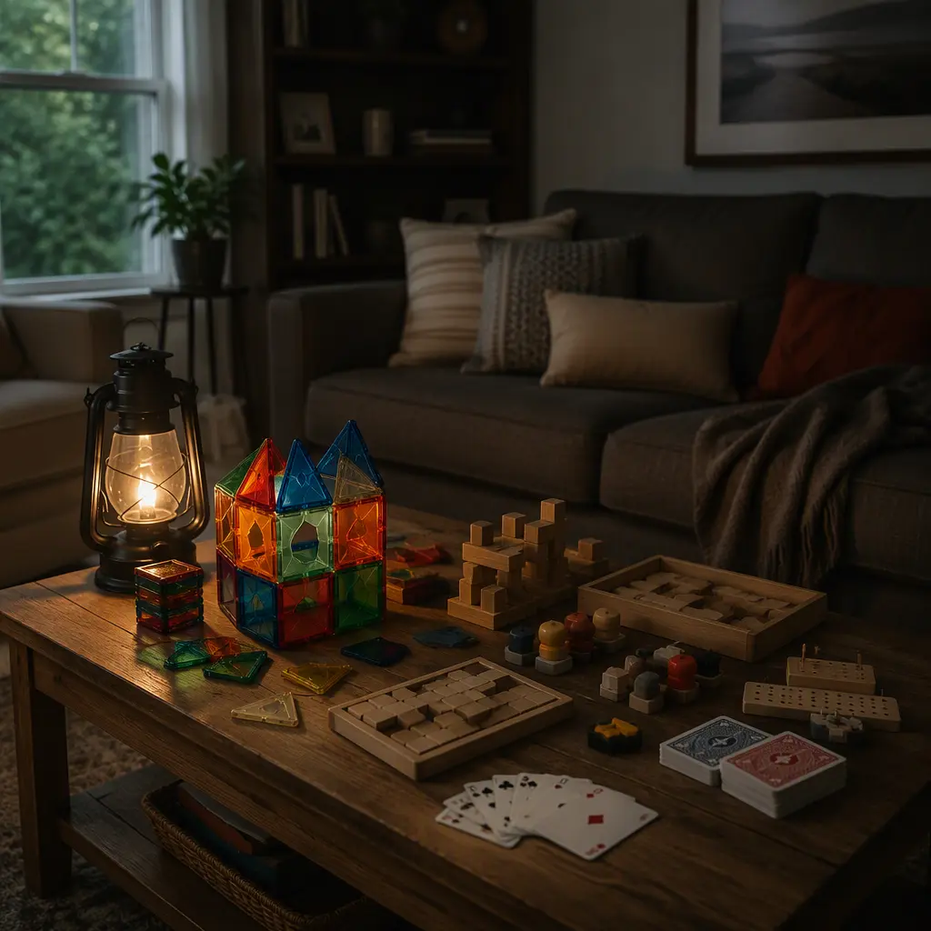 Battery-free toys and games arranged on a table during a power outage