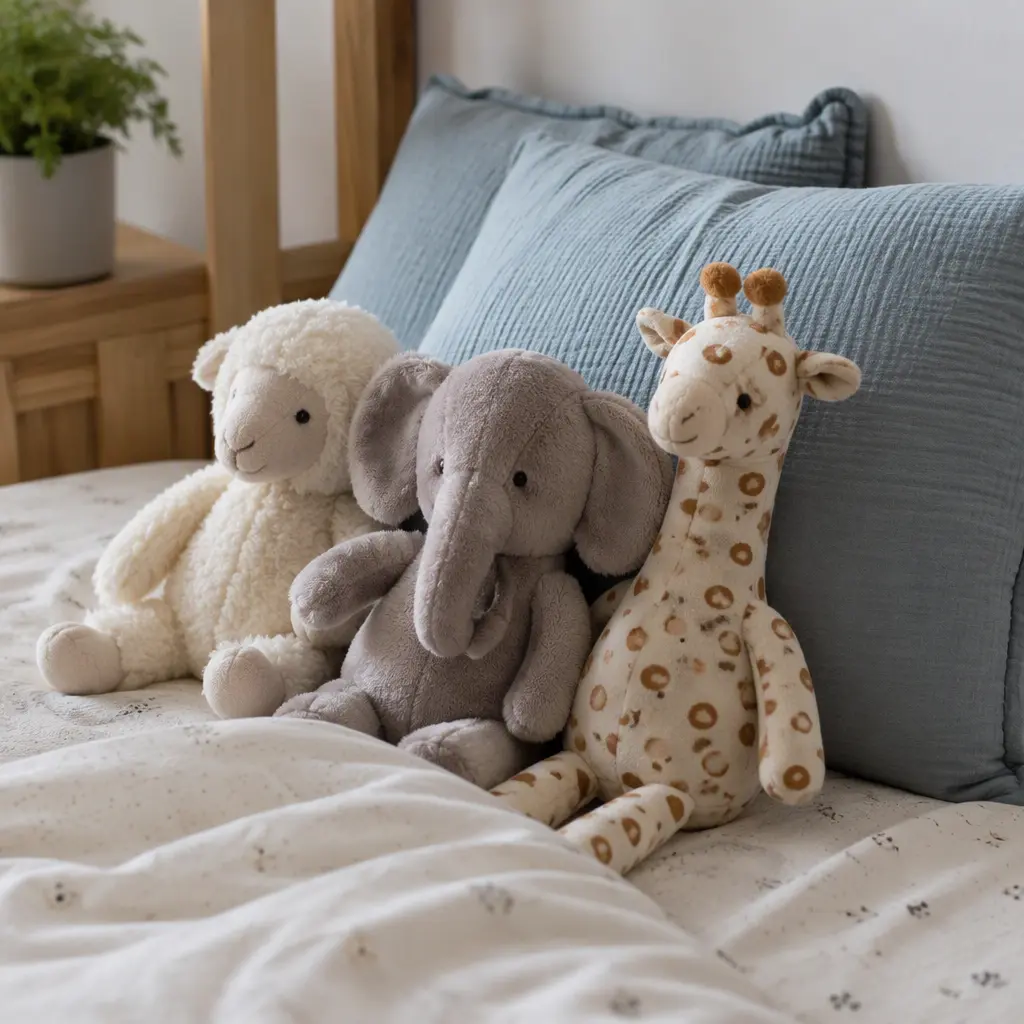 Lightweight plush toys beside breathable bedding in a child’s room