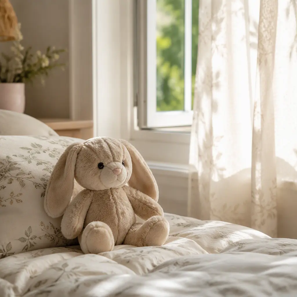 Small breathable plush toy on lightweight bedding near a window