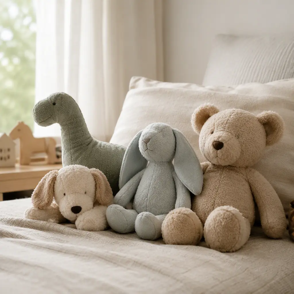 Breathable plush toys arranged on a child’s bed in soft natural light