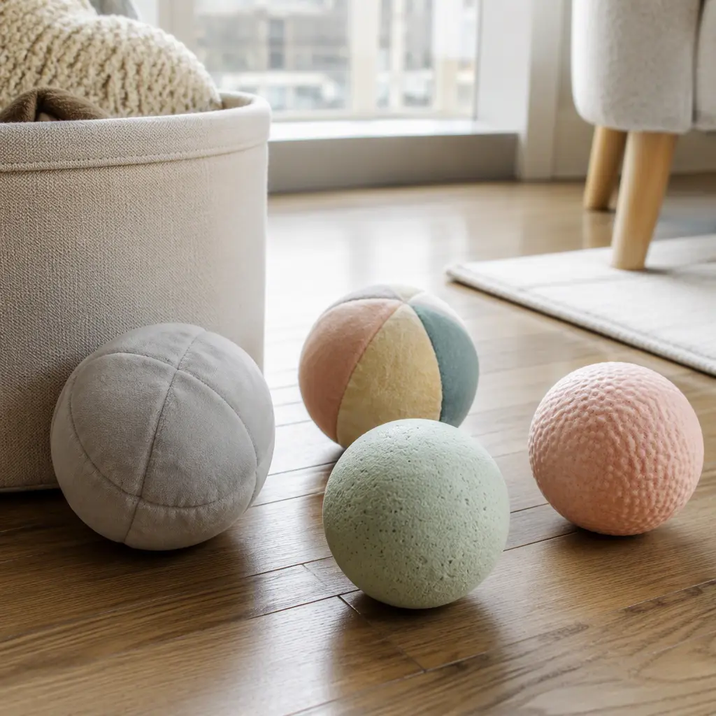 Soft indoor balls stored beside a basket on a hardwood floor