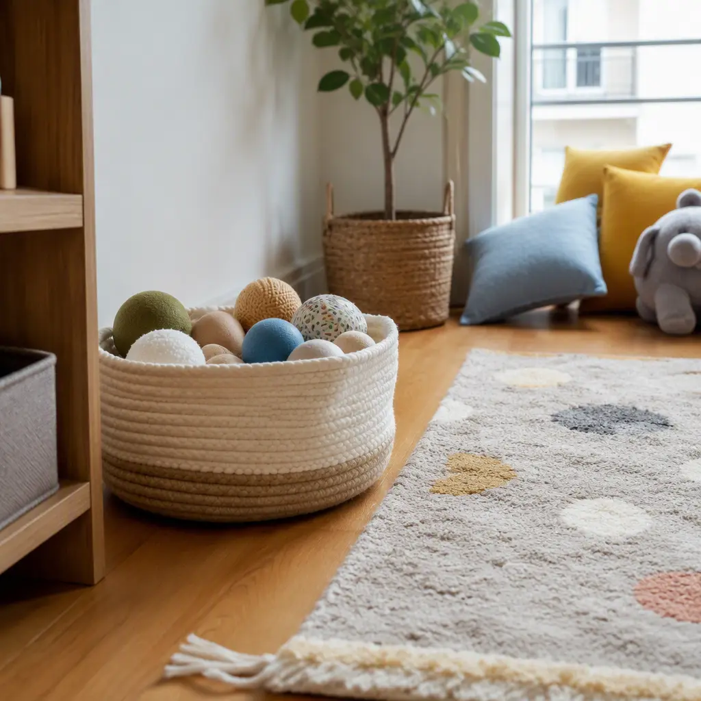 Indoor play area with soft balls and a rug on hard flooring