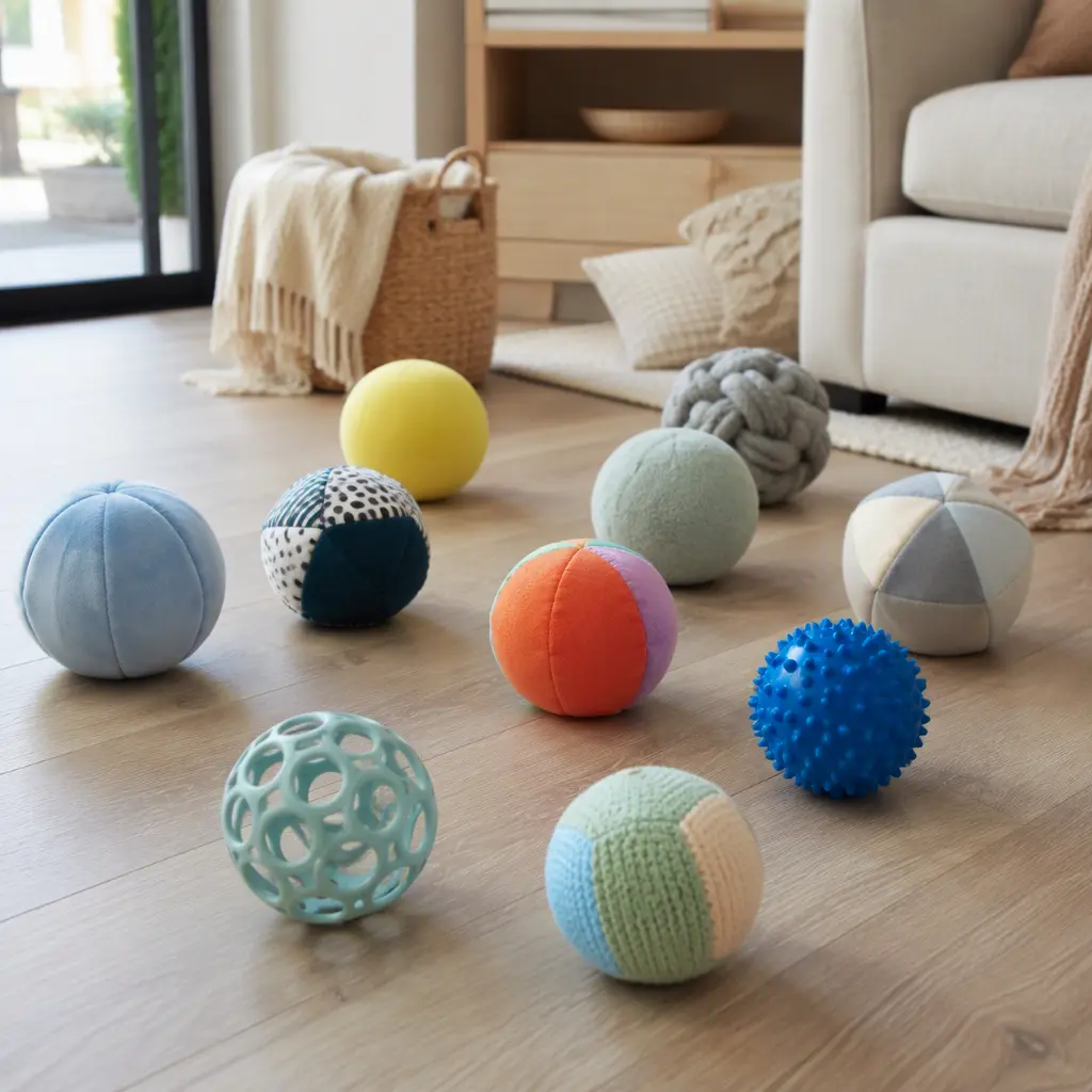 Quiet indoor ball toys on a hard floor in a modern living room