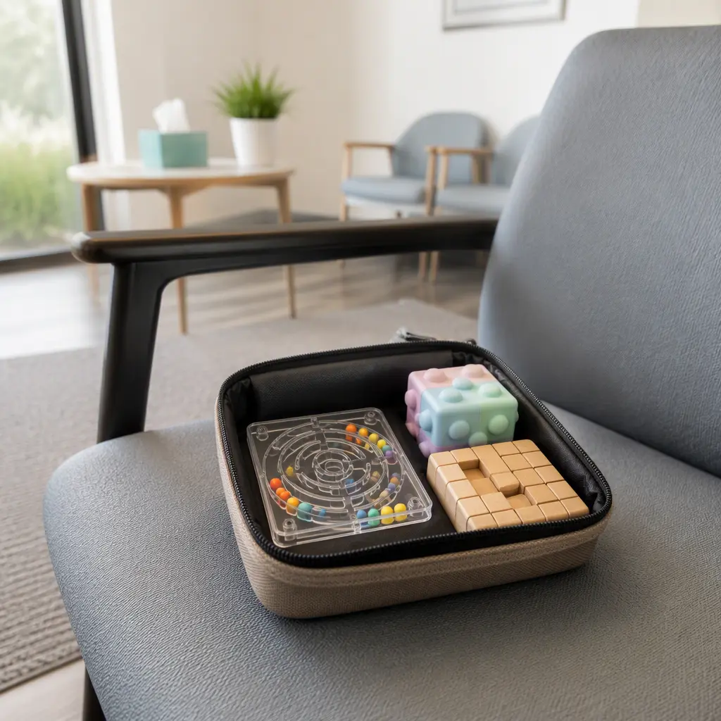 Compact quiet puzzle toys stored in a pouch in a waiting room