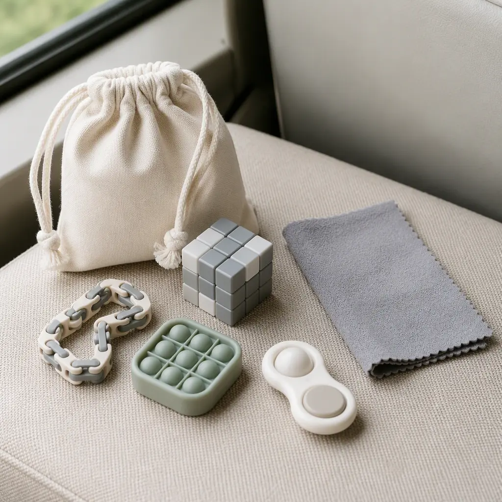 Quiet travel puzzles with storage pouch and cleaning supplies