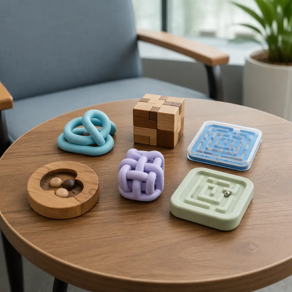 Quiet compact fidget puzzles on a waiting room table in soft natural light