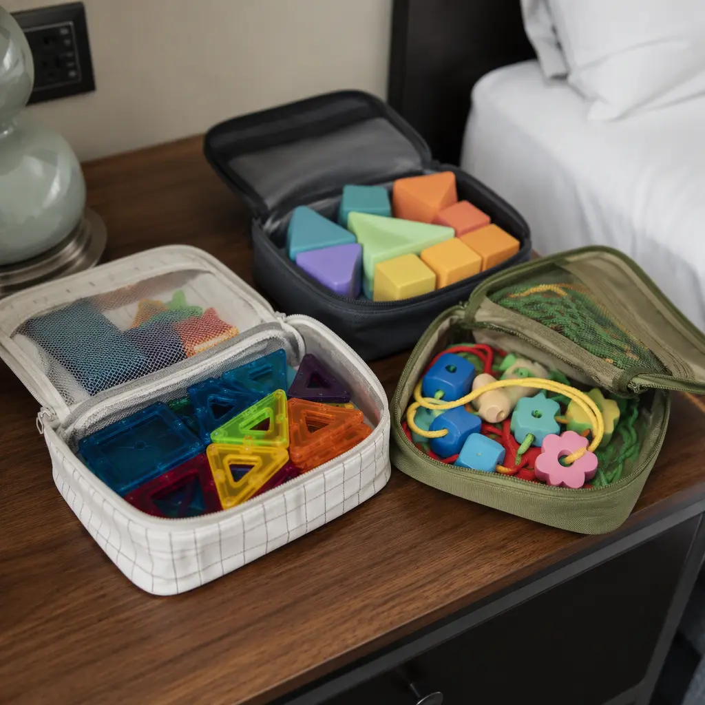 Compact preschool travel toys stored in small pouches beside a hotel bed